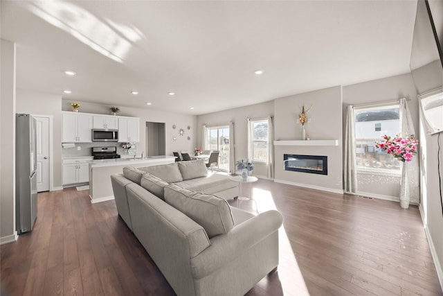 living room with dark wood-type flooring