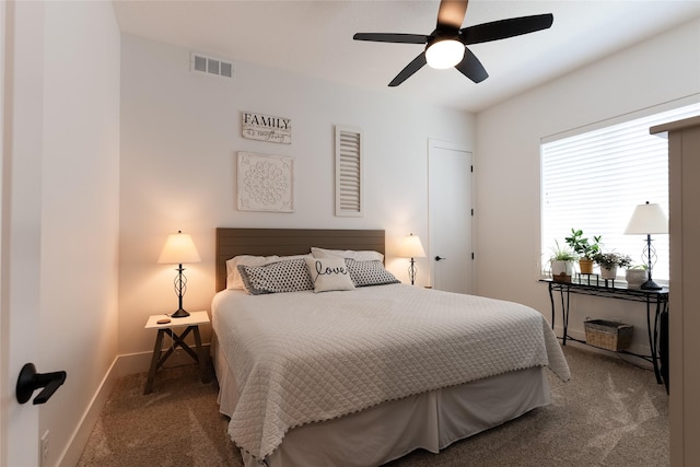 carpeted bedroom featuring ceiling fan