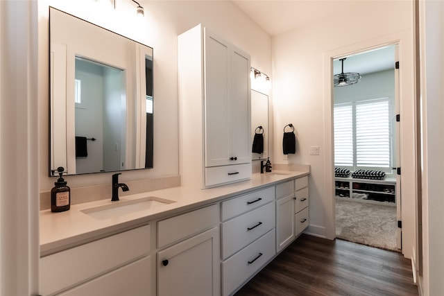 bathroom featuring vanity and hardwood / wood-style flooring