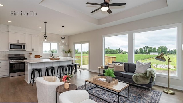 living room with ceiling fan, a tray ceiling, and dark hardwood / wood-style flooring