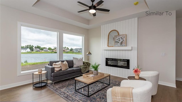 living room with a raised ceiling, dark hardwood / wood-style floors, and a large fireplace