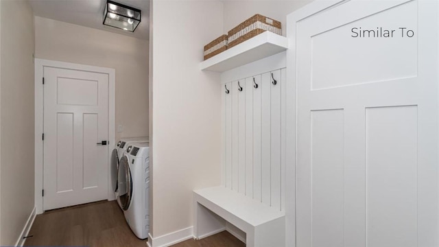 mudroom with washer and clothes dryer and hardwood / wood-style floors