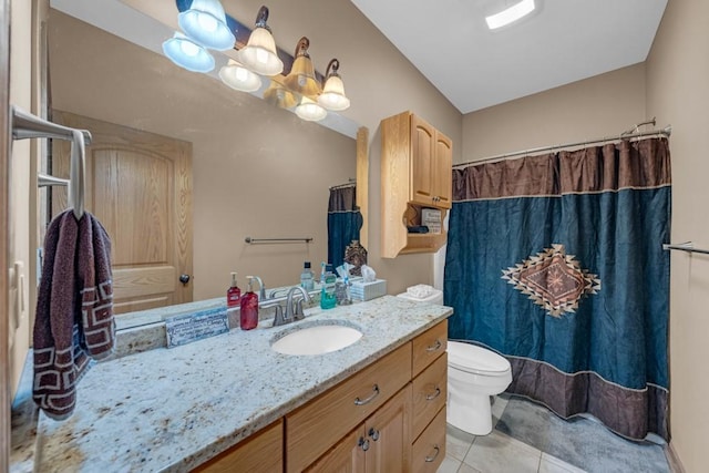 bathroom with vanity, a shower with curtain, tile patterned floors, and toilet