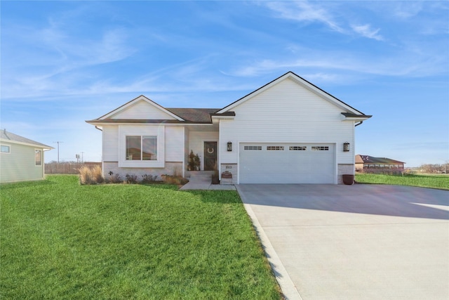 single story home featuring a garage and a front yard