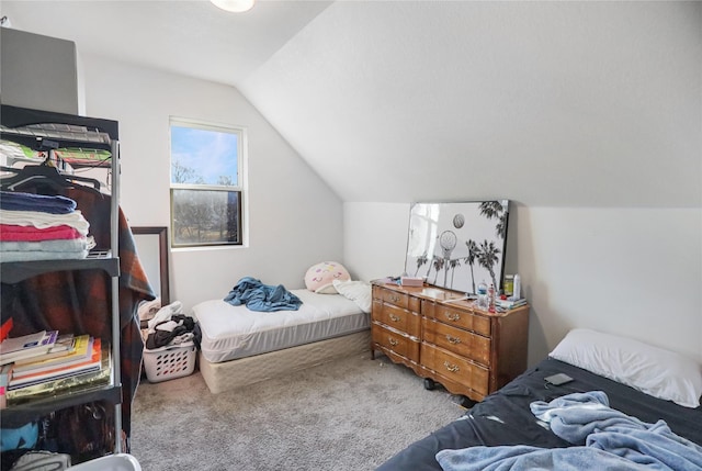 carpeted bedroom featuring vaulted ceiling