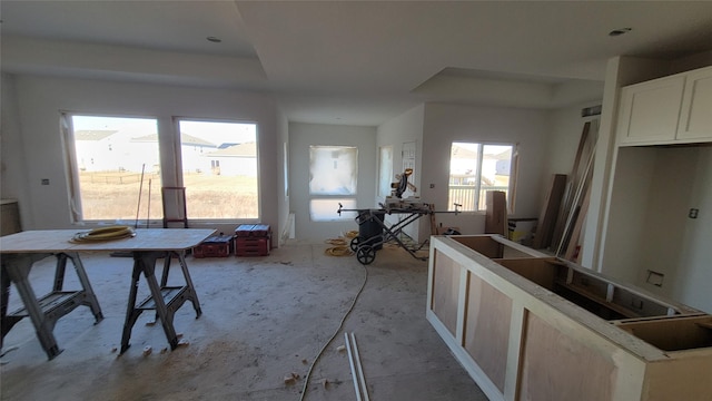 kitchen featuring light colored carpet, a raised ceiling, and light brown cabinets