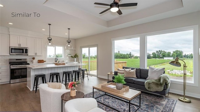 living room featuring ceiling fan, dark hardwood / wood-style flooring, and a raised ceiling