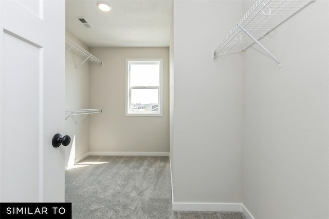 walk in closet featuring light carpet