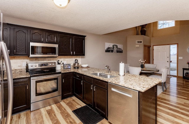 kitchen featuring lofted ceiling, appliances with stainless steel finishes, kitchen peninsula, and sink