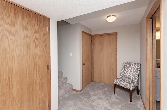 living area with light colored carpet and a textured ceiling