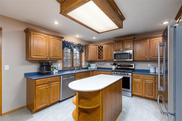 kitchen with open shelves, brown cabinetry, appliances with stainless steel finishes, and a sink