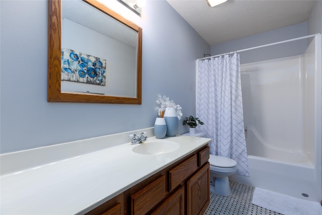 full bath with toilet, a textured ceiling, vanity, and shower / tub combo with curtain