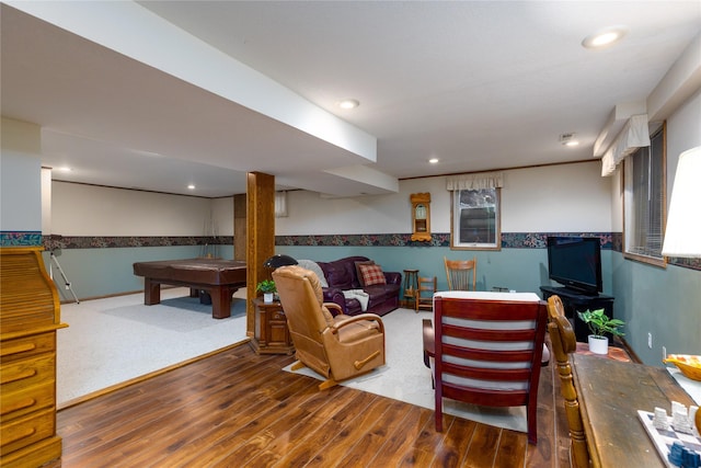 living room with recessed lighting, a wainscoted wall, wood finished floors, and pool table