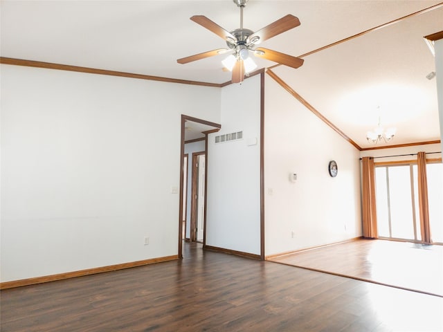 unfurnished room featuring ornamental molding, high vaulted ceiling, ceiling fan with notable chandelier, and dark hardwood / wood-style flooring