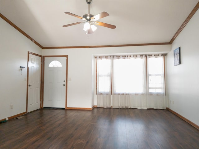 entryway featuring crown molding, lofted ceiling, dark wood-type flooring, and ceiling fan