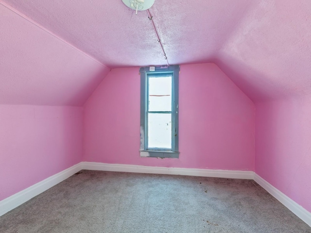 additional living space with lofted ceiling, carpet flooring, and a textured ceiling