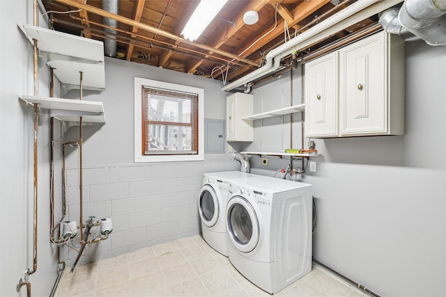 washroom featuring independent washer and dryer, electric panel, and cabinets