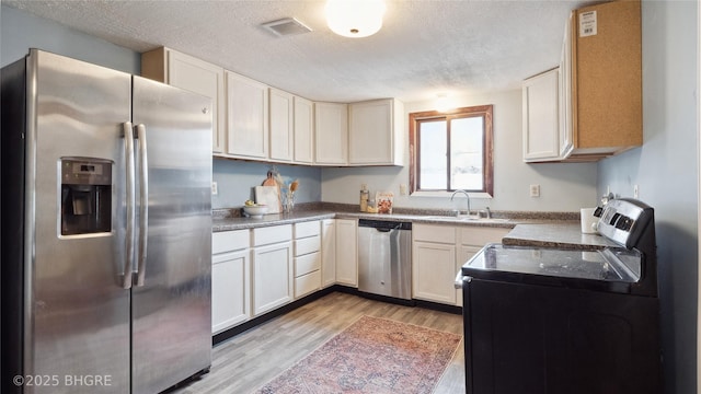 kitchen featuring sink, appliances with stainless steel finishes, white cabinetry, a textured ceiling, and light wood-type flooring