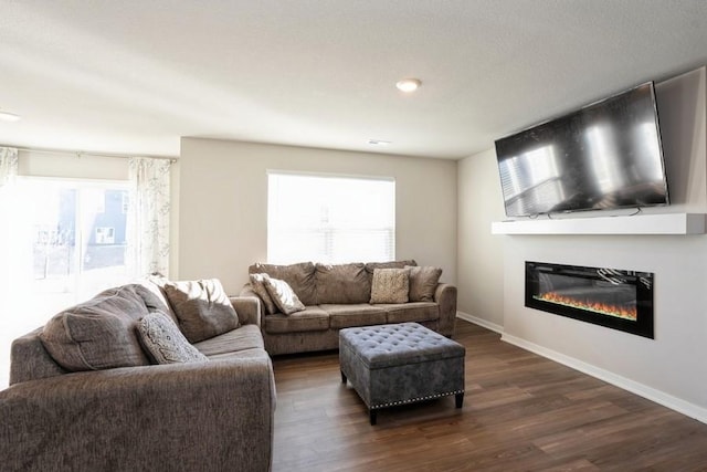 living room with dark wood-type flooring