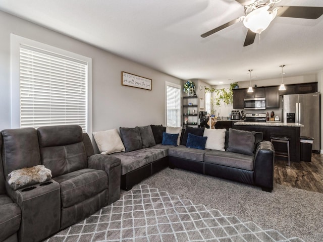 living room with ceiling fan and dark hardwood / wood-style floors