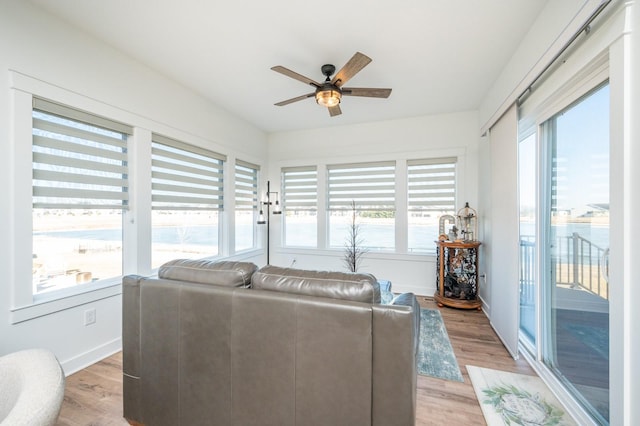 living room featuring ceiling fan, plenty of natural light, and light wood-type flooring