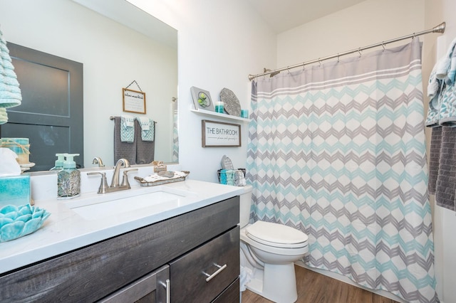 bathroom featuring toilet, hardwood / wood-style floors, vanity, and walk in shower