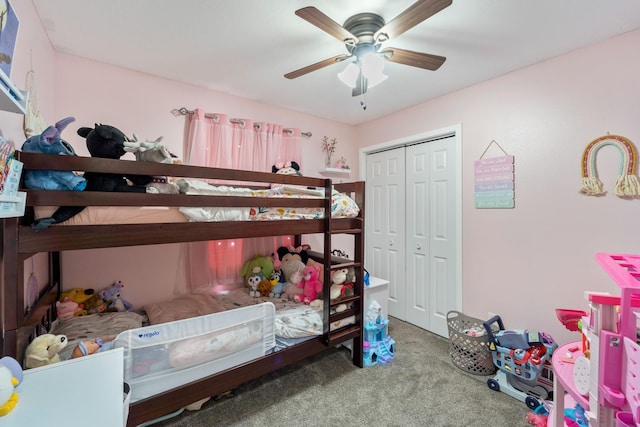 bedroom featuring carpet, ceiling fan, and a closet