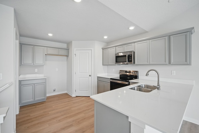 kitchen featuring gray cabinetry, a sink, and stainless steel appliances