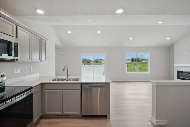 kitchen featuring gray cabinets, a peninsula, appliances with stainless steel finishes, and a sink