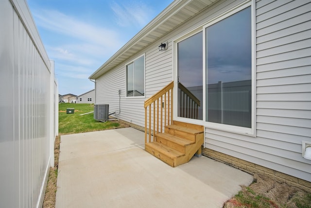 view of patio / terrace featuring central air condition unit and entry steps
