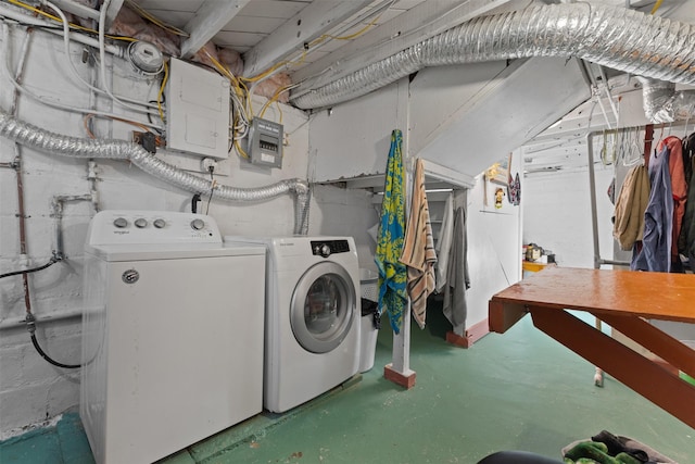 washroom featuring electric panel and washer and clothes dryer