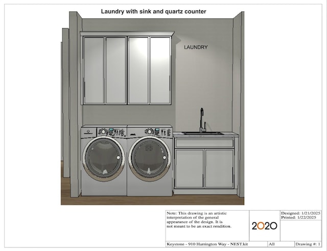 clothes washing area featuring cabinets, washer and clothes dryer, and sink