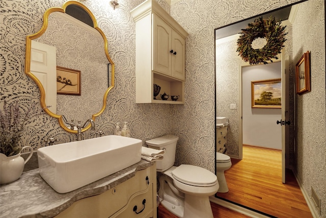 bathroom with hardwood / wood-style flooring, vanity, and toilet