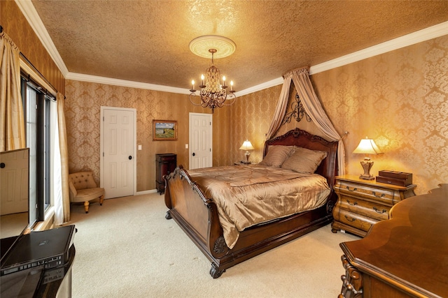 carpeted bedroom featuring an inviting chandelier, crown molding, and a textured ceiling