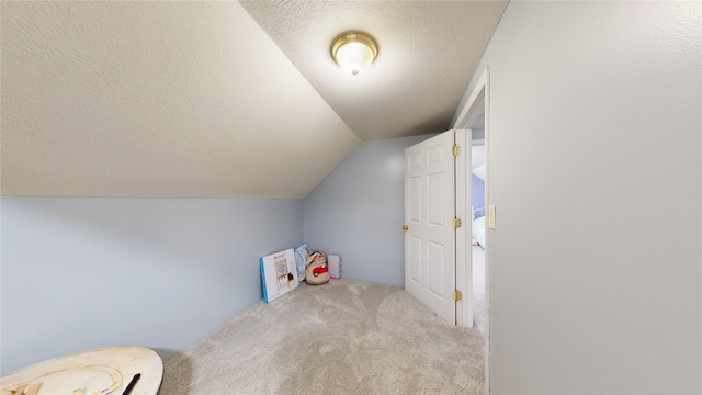 additional living space with vaulted ceiling, light carpet, and a textured ceiling