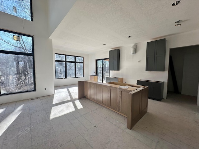 kitchen with light floors and a textured ceiling