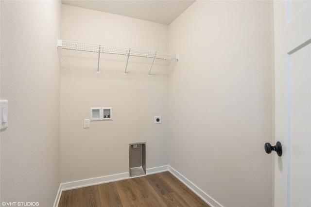 washroom with laundry area, baseboards, dark wood-style floors, washer hookup, and hookup for an electric dryer