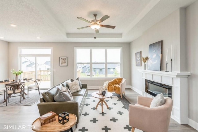 living room featuring plenty of natural light, a raised ceiling, wood-type flooring, and a textured ceiling