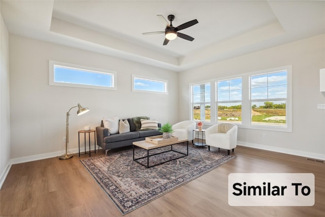 living room with hardwood / wood-style flooring and a tray ceiling