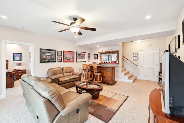 14102 Ridgemont Dr, Urbandale, IA 50323 - living room featuring a bar, ceiling fan, light carpet, baseboards, and recessed lighting