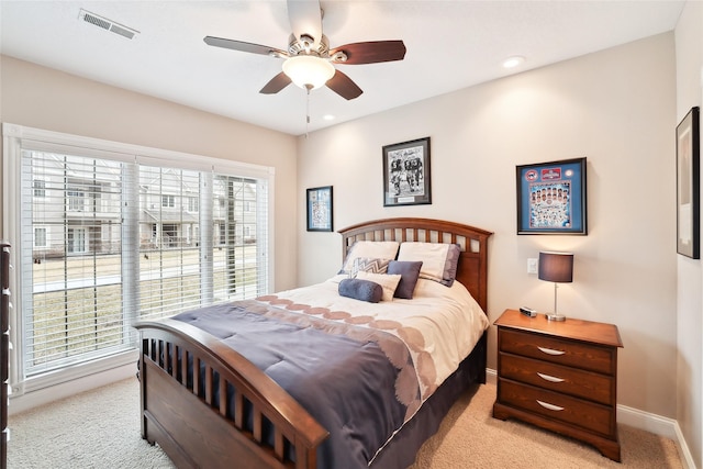14102 Ridgemont Dr, Urbandale, IA 50323 - bedroom with light carpet, baseboards, visible vents, recessed lighting, and ceiling fan