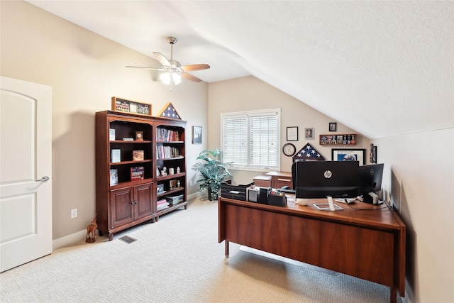 14102 Ridgemont Dr, Urbandale, IA 50323 - office with vaulted ceiling, baseboards, carpet floors, and a ceiling fan