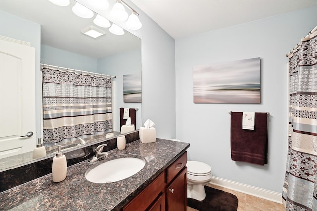 14102 Ridgemont Dr, Urbandale, IA 50323 - bathroom with tile patterned floors, vanity, a shower with curtain, baseboards, and toilet