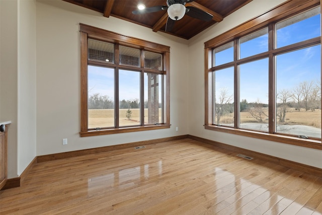 unfurnished room featuring beam ceiling, light hardwood / wood-style flooring, ceiling fan, and plenty of natural light