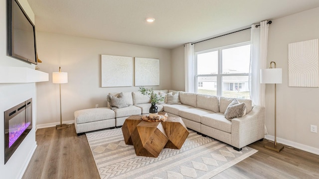 living room featuring baseboards, wood finished floors, and a glass covered fireplace