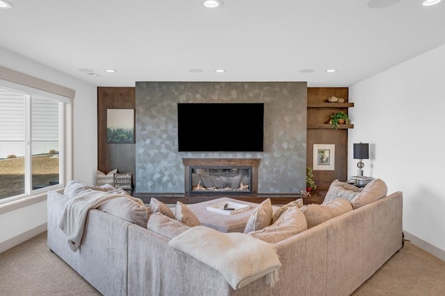 living room featuring light colored carpet