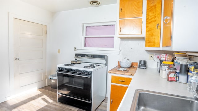 kitchen featuring sink, light hardwood / wood-style floors, and gas range gas stove