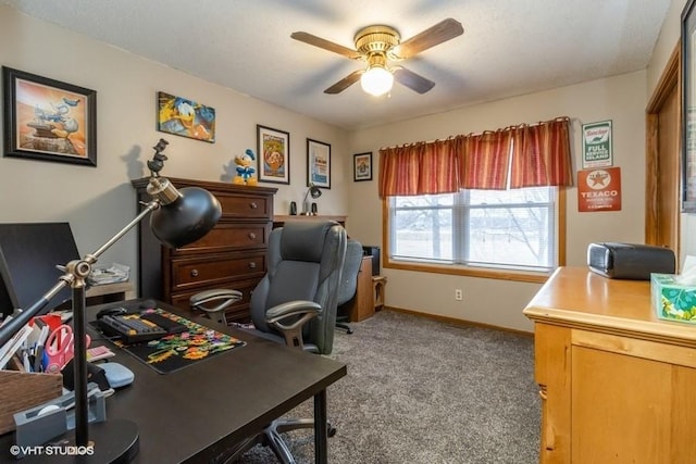 carpeted office with ceiling fan