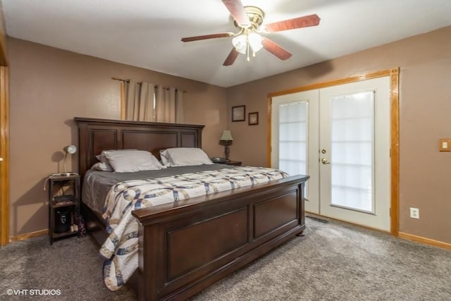 bedroom with carpet floors, ceiling fan, and french doors