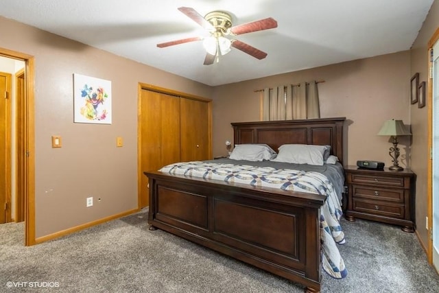 bedroom featuring a closet, ceiling fan, and carpet